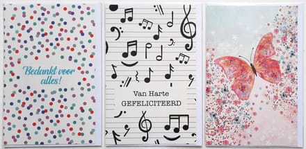 3 Wenskaarten - Bedankt voor alles + Van Harte Gefeliciteerd + Vlinder - 12 x 17 cm – BED-305