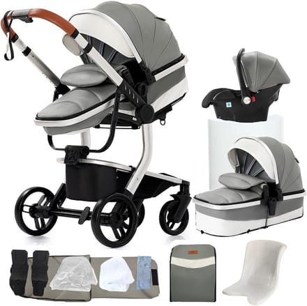 3-in-1 Combi Kinderwagen PU-leer Grijs - Luxe & Opvouwbaar Reiswieg Systeem