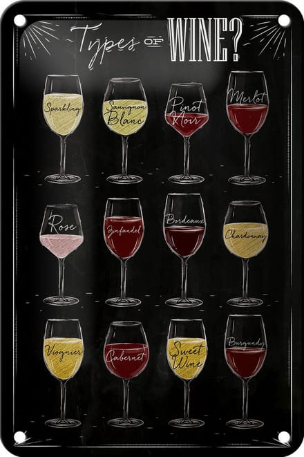Blechschild Wein 12x18cm Types of wine Merlot Rose Alkohol