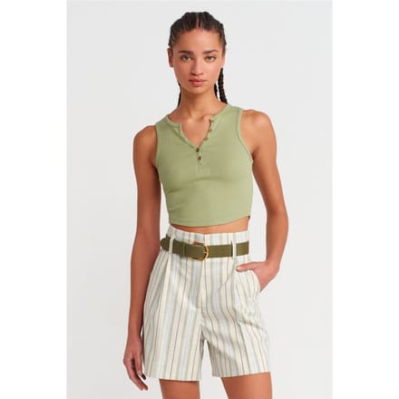 Dames Geribbelde Cropped Blouse met Knopen