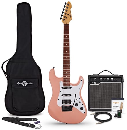 LA Select Modern Elektrische Gitaar, Roze, 15W Versterkerpakket