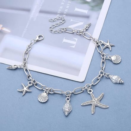 Boho Anklet - Shell Starfish Armband - Strand Accessoire - Zilverkleurig Metaal - Verstelbaar - Zilver