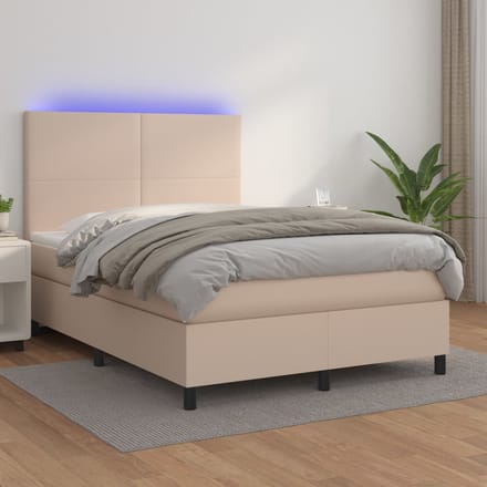 vidaXL - Boxspring - met - matras - en - LED - kunstleer - cappuccinokleur - 140x200cm