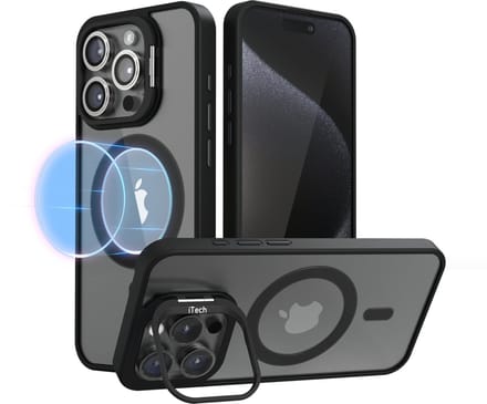 Hoesje geschikt voor iPhone 16 Pro Max Transparant MagSafe – 2 in 1 set - Zwart + 2 Camera Protector – Met Telefoonstandaard