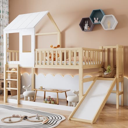 MODFU Kinderledikant 90x200 cm – Met glijbaan, dak & raam – Naturel/wit – 120 kg