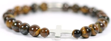 Heren armband RVS kruis edelsteen tijgeroog kralen - IbizaMen -20cm