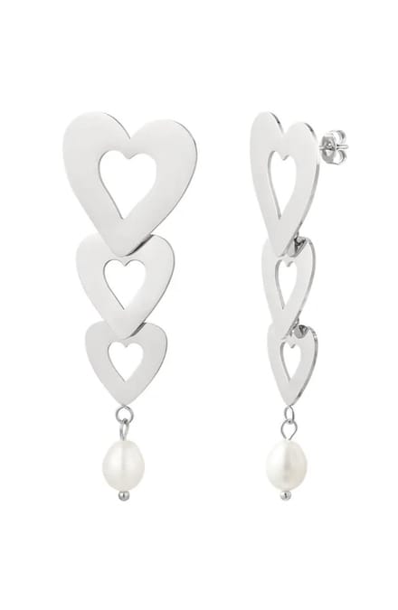 Yehwang - Stainless Steel Oorbellen - Drie Hartjes - Parel - Zilverkleurig