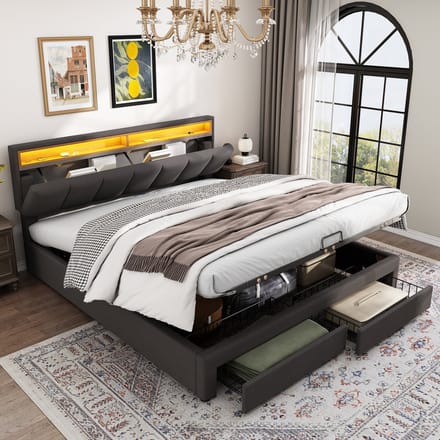 REDOM Bedframe 160x200 cm – Linnenlook donkergrijs – Met LED-verlichting & opbergruimte – Modern