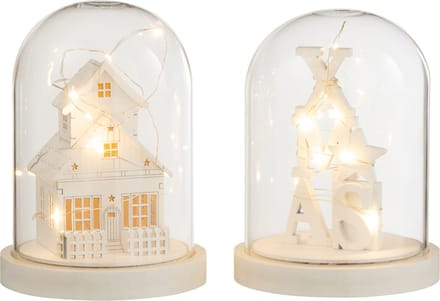 J-Line Decoratieve stolp Winter - hout/glas - wit - 2 st. - LED lichtjes