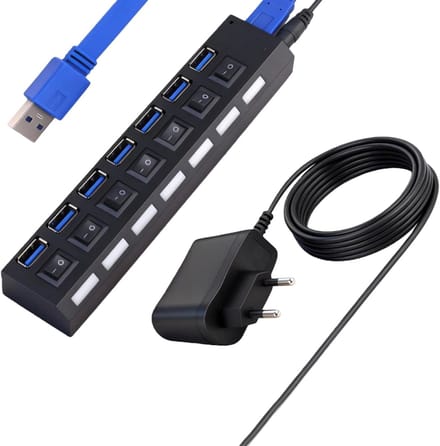TIM® USB Hub met Voeding - USB Hub - USB Splitter - Zwart - 10cm x 10cm x 1cm