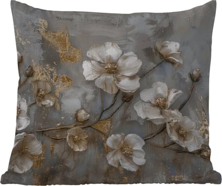 Tuinkussen - Bloemen - Wit - Grijs - Goud - Luxe - 40x40 cm - Weerbestendig