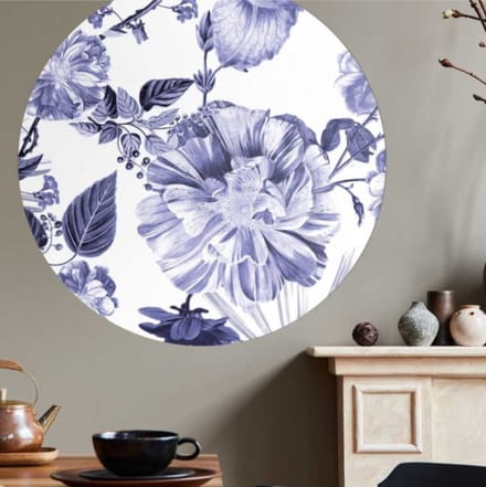 Behangcirkel 80cm Bloemen patroon Delfts blauw XL - Wallz