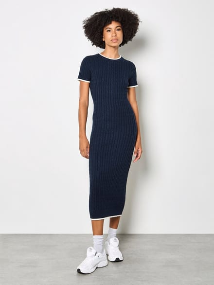 Midi-jurk met kabelpatroon en contrasterende rand