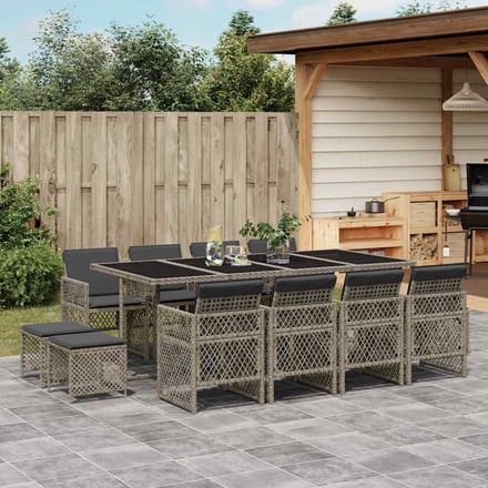 vidaXL - 13-delige - Tuinset - met - kussens - poly - rattan - grijs
