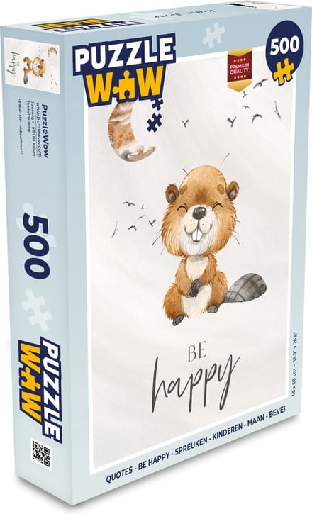 Puzzel Quotes - Be happy - Kinderen - Maan - Bever - Waterverf - Legpuzzel - Puzzel 500 stukjes