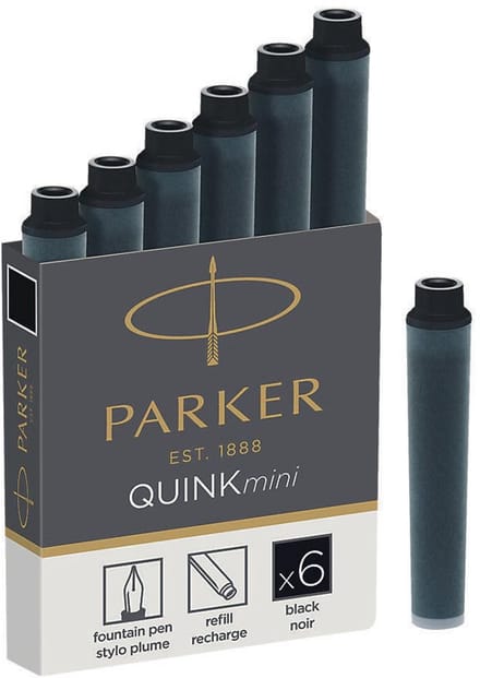 Parker Mini Fountain Pen Ink Refill Cartridges | Black QUINK Ink | 6 Count