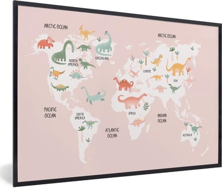 Wereldkaart - Kinderen - Dinosaurus - Schoolplaat - Kinderkamer - 60x40 cm