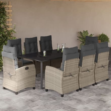 vidaXL - 9-delige - Tuinset - met - kussens - poly - rattan - lichtgrijs