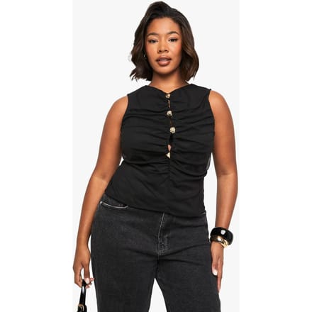 boohoo Dames Plus V-hals Gouden Knop Top | Zwart | Maat: 54