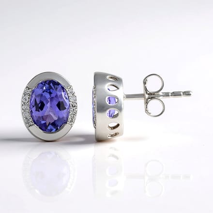 Cavill - 9 karaats witgouden oorbellen met AAA ovale tanzaniet 2,34 ct en diamanten 0,045 ct - luxe paarse edelstenen sieraden