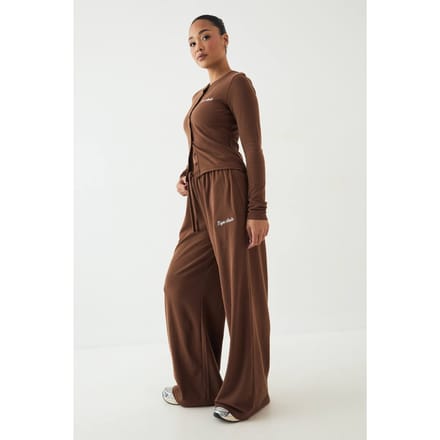 Dames Dsgn Studio Geborduurd Geribbeld Wijdbeens Broek | Mokka | Maat: Small