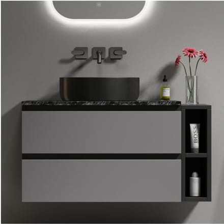 Meuble sous-vasque suspendu - MUVOE - Design moderne - 80 cm - Vasque céramique noire - Tiroirs gris