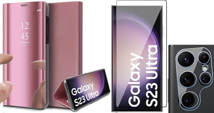 Hoesje geschikt voor Samsung Galaxy S23 Ultra - Screenprotector FullGuard & Camera Lens Screen Protector - Book Case Spiegel Roségoud
