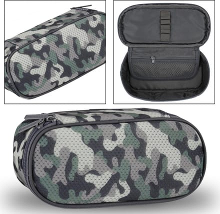 Camouflage etui met net, ovale vorm, met rits 22x6x10 cm