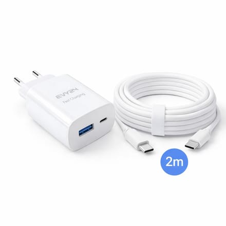 Evy24 Oplader 25W Wit - Snellader Power Delivery - 2M USB-C Kabel 60W - USB-C USB-A - iPhone & Android
