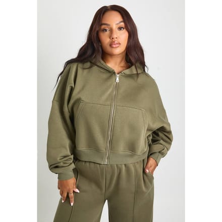 boohoo Dames Plus Core Basic Boxy Hoodie met ballonmouwen, oversized en doorlopende ritssluiting | Khaki | Maat: 24