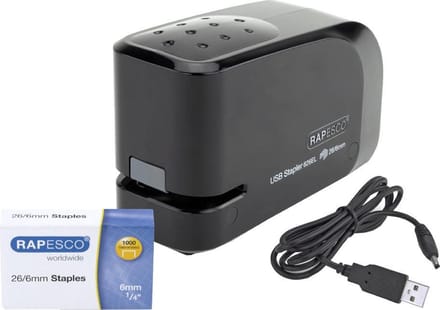 Rapesco 626EL Elektrische nietmachine, 26/6, USB/batterij, zwart