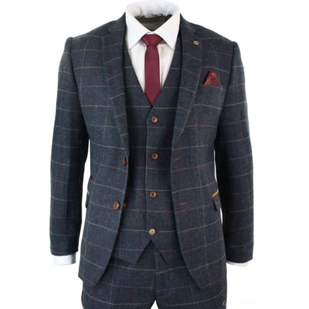 Heren 3-delig marineblauw visgraat geruit vintage pak