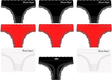 Sweet Angel – 8 stuks Dames Strings met Kant – One Size (S-M) – Zwart, Rood en Wit