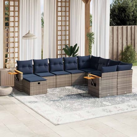 vidaXL - 10-delige - Loungeset - met - kussens - poly - rattan - grijs
