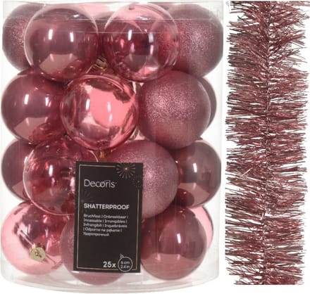 Kerstversiering set - oudroze - kerstballen 6 cm en kerstslinger - kunststof
