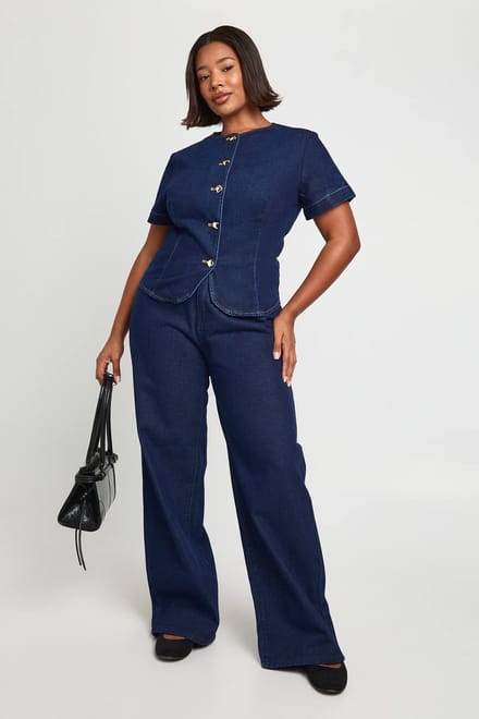 boohoo Dames Plus Contrast Stiksel Denim Rechte Pijp Jeans | Indigo | Maat: 46