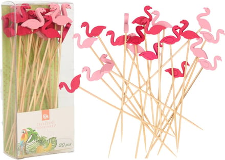 Excellent Houseware Cocktail/tapas prikkers - flamingos - 60x stuks - bamboo - 12 cm