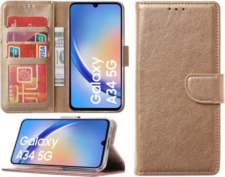 Samsung Galaxy A34 hoesje - Bookcase met pasjeshouder - Goud