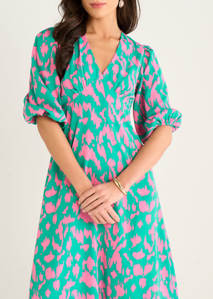 Groene midi-jurk met V-hals en dierenprint