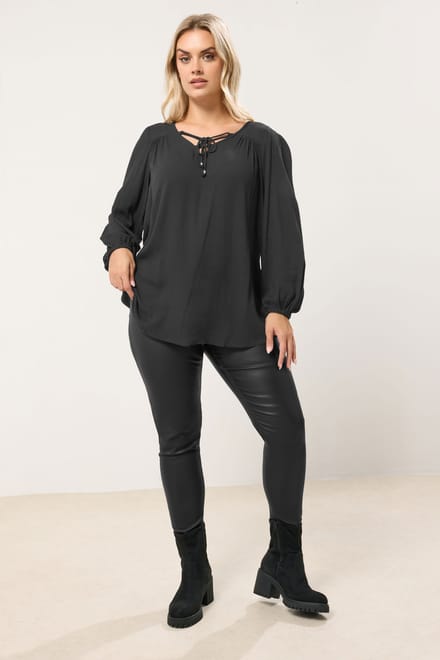 Yours Zwarte Blouse Met Lattice En Striksluiting Aan De Voorkant Size 48