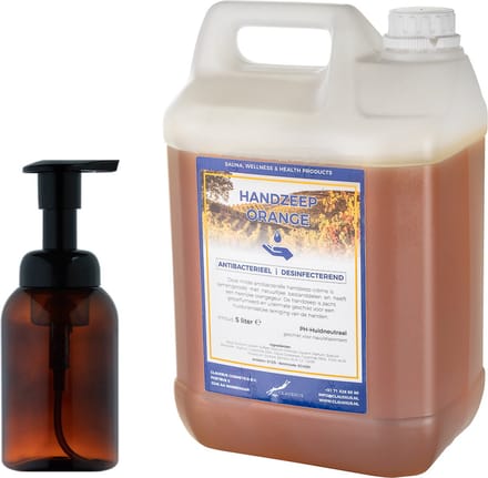 Zeepdispenser 300 ml amber bruin hervulbaar + 5 liter Handzeep Orange navulling