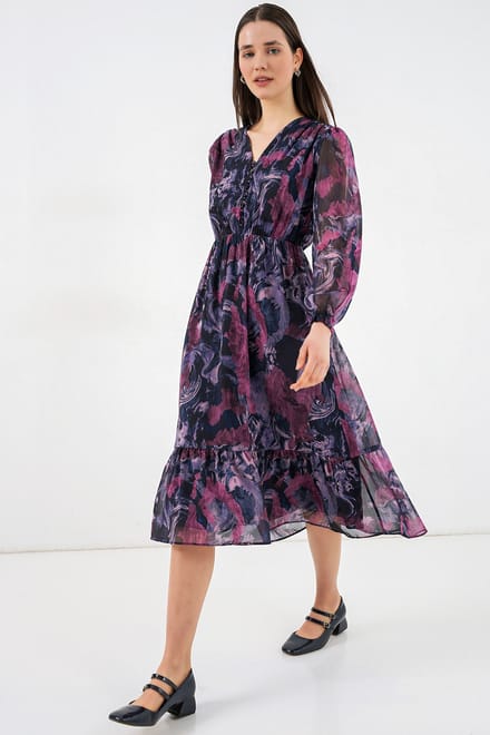 V-hals Midi-jurk met knoopsluiting