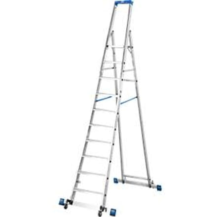 Trapladder, met 10 treden, aluminium, verrijdbaar met dwarssteun