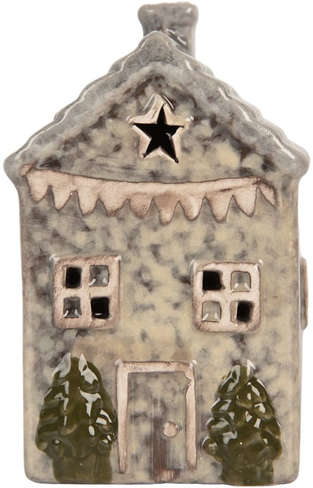 Clayre & Eef Decoratie Huis met LED LED 6x6x11 cm Grijs Keramiek