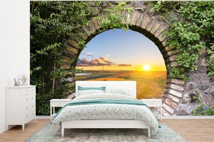 Behang - Fotobehang Platteland - Doorkijk - Zon - Breedte 320 cm x hoogte 240 cm