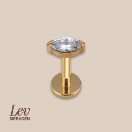 Lev Sieraden - Goud kleur Titanium Push Pin Labret piercing met marquise geslepen steen - oor & lip piercing