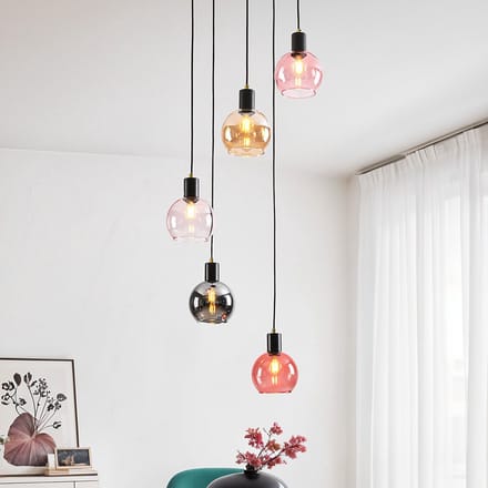 LumenXL Hanglamp zwart - amber, smoke - roze glas, 5-lichts - Monroe