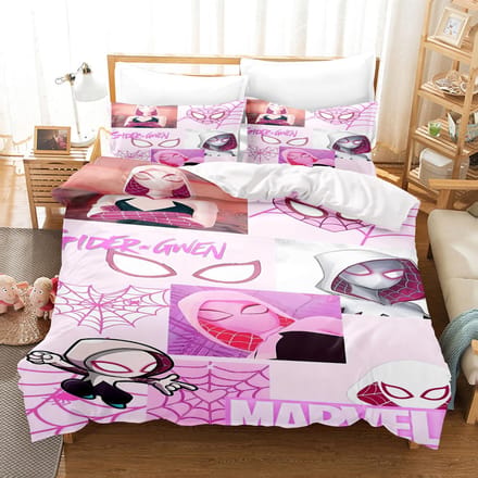 Spider-Man Gwen Ensemble 3 Pièces 1 Housse de Couette Un Ensemble de Linge de Lit Conforte Luxe Exquis Cadeau d'Anniversaire 100% Polyester Décoration de Maison 150*200cm 3pcs