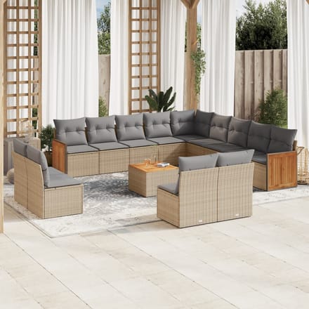 vidaXL - 14-delige - Loungeset - met - kussens - poly - rattan - beige