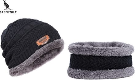 San Vitale® - Muts - Set met Col - Dikste kwaliteit - 180+ gram - Muts Heren - Beanie - Wintermuts - Zwart/Grijs